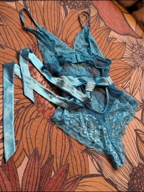 Dolls Kill Teal Lace & Satin Chemise with Ribbon Tie